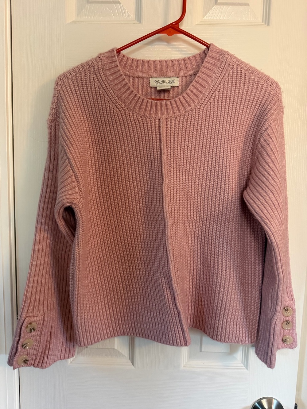 Rachel Zoe Pink Ribbed Crewneck Sweater with Button Cuffs